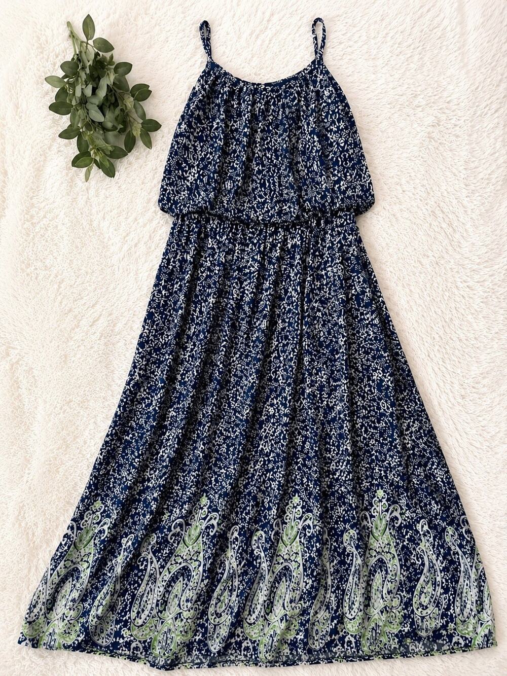 Magic Women’s Navy Blue Floral Paisley Maxi Dress Sleeveless Boho Size M